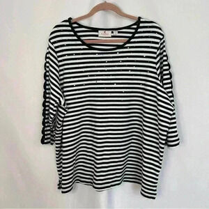 Quacker Factory Top Blouse Striped Beaded Womens Plus Size 2X Crisscross Sleeves